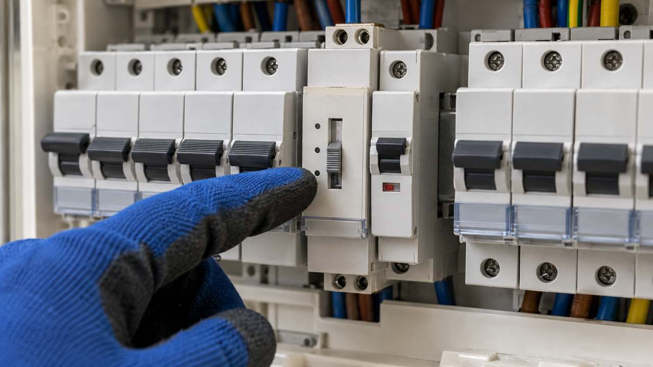 Doigt ganté basculant le sélecteur du contacteur jour/nuit d’un chauffe-eau sur un tableau électrique