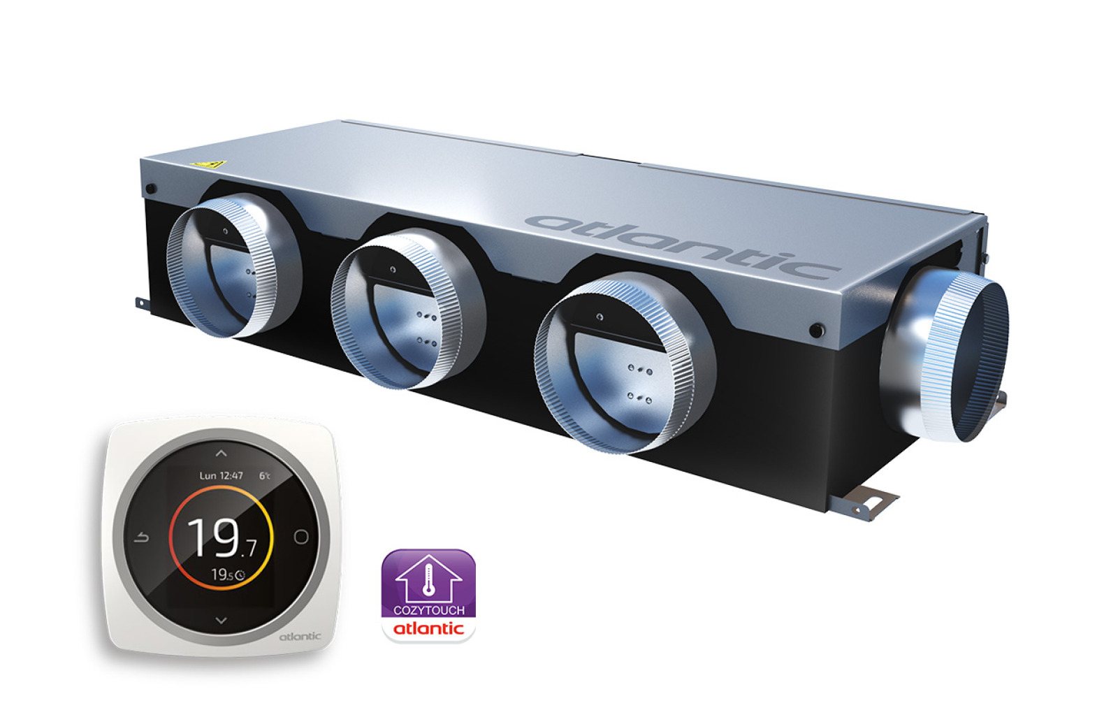 Boîtier de zonage Atlantic Shogun Navizone et son thermostat pour régler la température pièce par pièce sur un gainable
