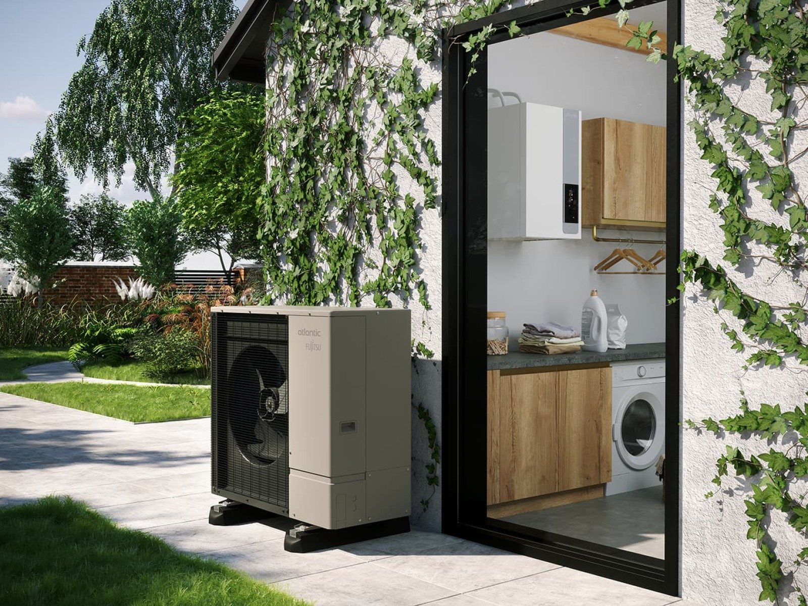 Maison rénovée équipée d’une pompe à chaleur air/eau Atlantic Alféa Excellia S, unité extérieure devant la façade et module intérieur dans la buanderie